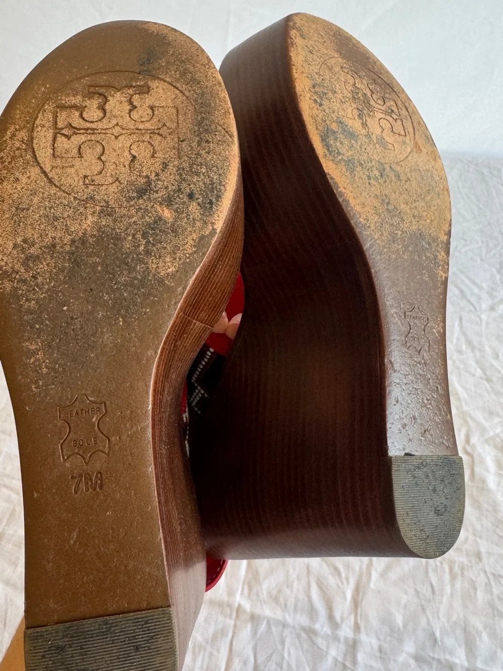 Tory Burch Red High Wedge Beaded Sandals with Gold Buckles